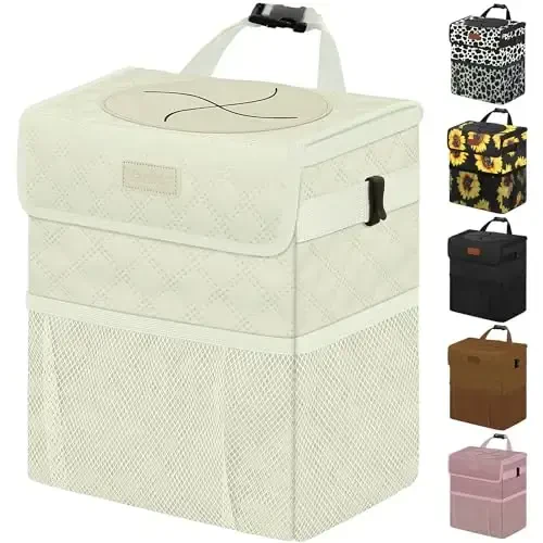 Vankor White Car Trash Can Cute, White Car Accessories for Women Waterproof Automotive Garbage Cans Leak Proof Vehicle Trash Can Diamond Pattern-Beige - VANKOR