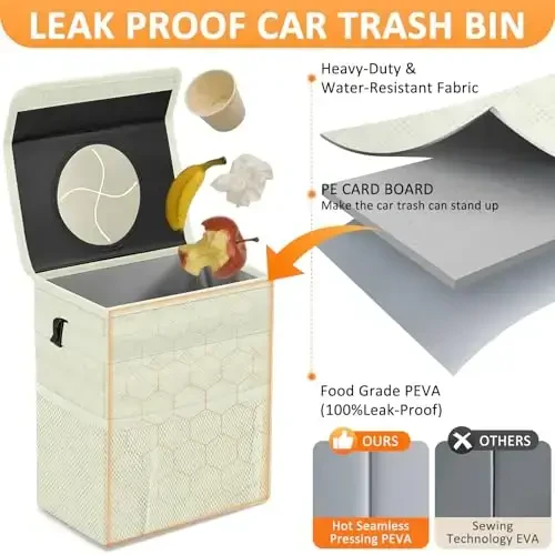Vankor White Car Trash Can Cute, White Car Accessories for Women Waterproof Automotive Garbage Cans Leak Proof Vehicle Trash Can Diamond Pattern-Beige - 3