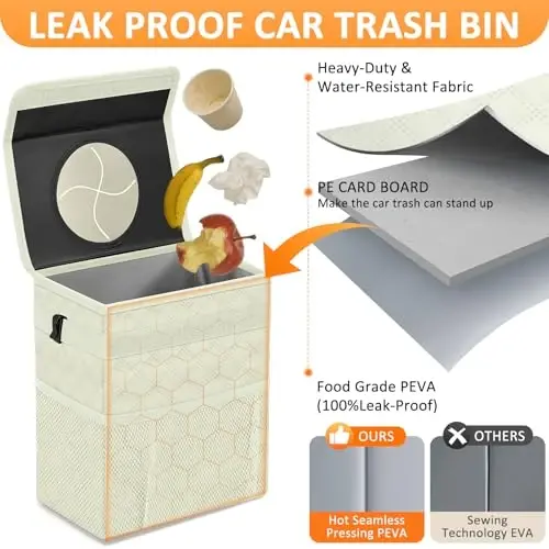 Vankor White Car Trash Can Cute, White Car Accessories for Women Waterproof Automotive Garbage Cans Leak Proof Vehicle Trash Can Diamond Pattern-Beige - 3