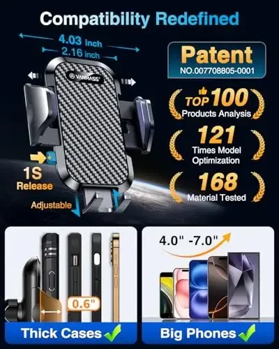 VANMASS Car Phone Holder 2025 Ultimate Military-Grade Phone Holder for Your Car Windshield Dashboard【Newest Best Strongest】 Cell Phone Car Mount with Patent & Safety Certs for iPhone Samsung Android - 5