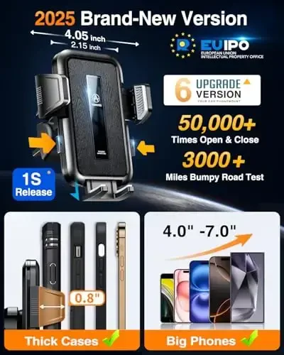 VANMASS 2024 Upgrade [Top Military-Grade] Car Phone Holder, [Newest & Strongest Suction] Cell Phone Car Mount Windshield Dashboard Vent Truck Stand Cradle for iPhone 15 Pro Max 14 13 12 Android 