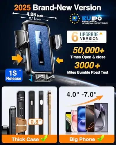 VANMASS 2025 True Upgraded Car Phone Holder, [85+ LBS Strongest Suction] Patent Safety Cell Phone Mount Windshield Dashboard Vent Truck Stand Cradle for iPhone 16 Pro Max 15 14 13 Android, Matt Blue - 5