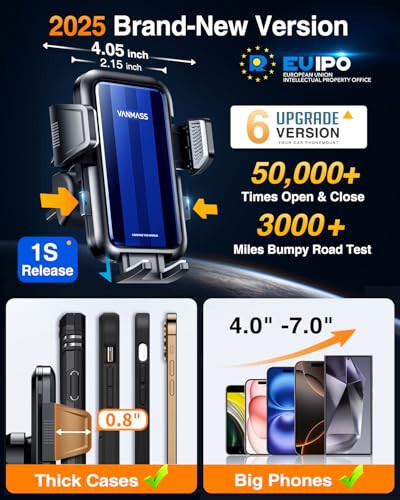 VANMASS 2024 【Yuqori Harbiy Sinf】 Mashinangiz uchun Telefon Tutgichlari 【Ultra Kuchli So'rish】 Universal Dasht va Shamol Oyna Turuvchi Telefon Standarti iPhone 15 14 13 Pro Max Samsung Galaxy Android uchun - VANMASS (1)