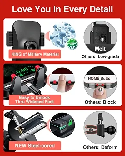 VANMASS 【2025 Strongest & Military-Grade Car Phone Mount 【Patent & Safety】 Ultimate Cell Phone Holder Best Handsfree Dash Windshield Vent for iPhone 16 Pro Max 15 14 Android & Truck Desk Mounts, Red - 6