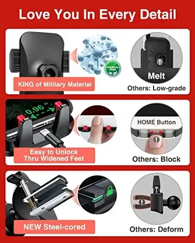 VANMASS 【2025 Eng Kuchli & Harbiy Darajadagi Avtomobil Telefon O'rnatgichi 【Patent & Xavfsizlik】 Ultimate Mobil Telefon Uskunasi iPhone 16 Pro Max 15 14 Android & Truck uchun Eng Yaxshi Qo'lsiz Stend, Qizil - 6