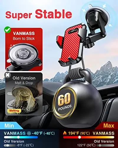 VANMASS 【2025 Eng Kuchli & Harbiy Darajadagi Avtomobil Telefon O'rnatgichi 【Patent & Xavfsizlik】 Ultimate Mobil Telefon Uskunasi iPhone 16 Pro Max 15 14 Android & Truck uchun Eng Yaxshi Qo'lsiz Stend, Qizil - 5