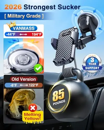 VANMASS 【65+LBS Strongest Suction & Military-Grade 2024 Ultimate Car Phone Mount【Patent & Safety Certs】 Cell Phone Holder Truck Stand for Dashboard Windshield Vent for iPhone 15 Pro Max 14 Samsung - 3
