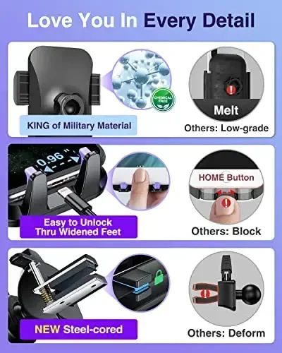 VANMASS 【85+LBS Eng kuchli soʻrish & Harbiy daraja】2025 Ultimate Avtomobil Telefon Oʻrnatgichi 【Patent Xavfsizlik Sertifikatlari】Uyali Telefon Tutqichi Yuk Mashinasi Stendi Asboblar Paneli Oyna shamollatgichi iPhone 16 15 Pro Max 14 Samsung uchun, Binafsha - 5