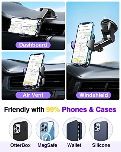 VANMASS 【85+LBS Eng kuchli soʻrish & Harbiy daraja】2025 Ultimate Avtomobil Telefon Oʻrnatgichi 【Patent Xavfsizlik Sertifikatlari】Uyali Telefon Tutqichi Yuk Mashinasi Stendi Asboblar Paneli Oyna shamollatgichi iPhone 16 15 Pro Max 14 Samsung uchun, Binafsha - 2