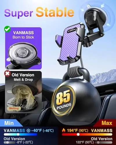 VANMASS 【85+LBS Eng kuchli soʻrish & Harbiy daraja】2025 Ultimate Avtomobil Telefon Oʻrnatgichi 【Patent Xavfsizlik Sertifikatlari】Uyali Telefon Tutqichi Yuk Mashinasi Stendi Asboblar Paneli Oyna shamollatgichi iPhone 16 15 Pro Max 14 Samsung uchun, Binafsha - 3