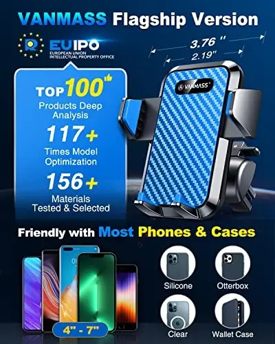 VANMASS 【85+LBS Eng kuchli so'rish & Harbiy darajadagi 2025 Ultimate Avtomobil Telefon O'rnatish【Patent Xavfsizlik Sertifikatlari】 Uyali Telefon Egalari Yuk Mashinasi Stand Dashbord Windshield Vent iPhone 16 15 Pro Max 14 Samsung uchun, Moviy - 4
