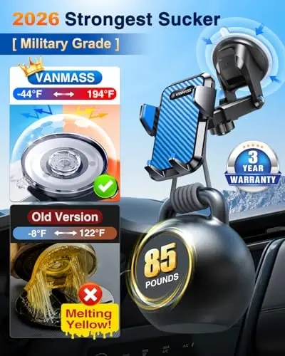 VANMASS 【85+LBS Eng kuchli so'rish & Harbiy darajadagi 2025 Ultimate Avtomobil Telefon O'rnatish【Patent Xavfsizlik Sertifikatlari】 Uyali Telefon Egalari Yuk Mashinasi Stand Dashbord Windshield Vent iPhone 16 15 Pro Max 14 Samsung uchun, Moviy 