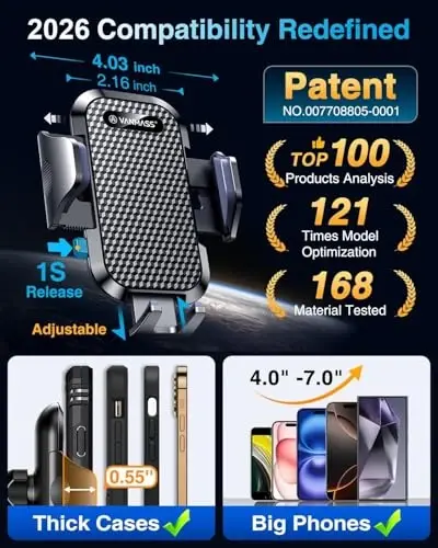 VANMASS Phone Holders for Your Car 2026 Upgraded Military-Grade Car Phone Holder【90+LBS Strongest Suction】Cell Phone Mount Truck Stand for Dashboard Windshield Vent for iPhone 17 Pro Max 16 15 Android - 3
