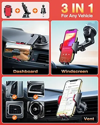 VANMASS Phone Holders for Your Car 2025 Ultimate Phone Mount Military-Grade Windshield Dashboard Vent【Newest Best Strongest】 Cell Phone Car Mount for iPhone 16 Pro Max 15 Samsung Android,Red - VANMASS (1)