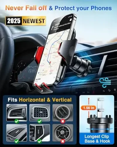 VANMASS Car Phone Holder Mount 2025 Upgraded [Patent Steel-Hook] Car Vent Phone Mount Clip Military-Grade Shockproof Cell Phone Car Mount Handsfree Truck Stand Vent Cradle for iPhone 16 Android,Red - 6