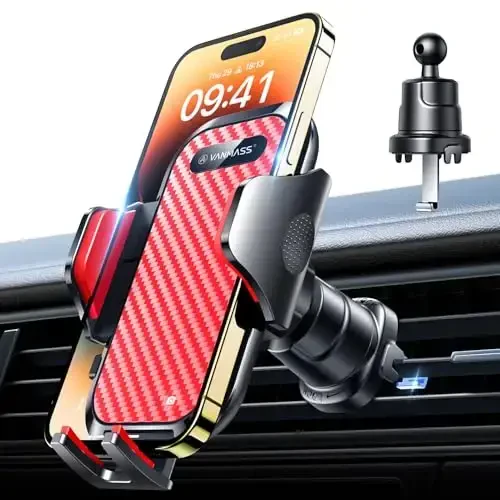 VANMASS Car Phone Holder Mount 2025 Upgraded [Patent Steel-Hook] Car Vent Phone Mount Clip Military-Grade Shockproof Cell Phone Car Mount Handsfree Truck Stand Vent Cradle for iPhone 16 Android,Red - VANMASS