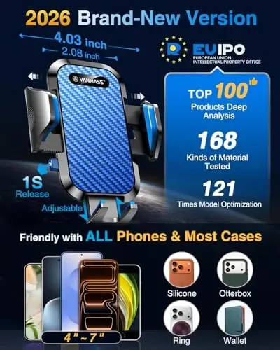 VANMASS Phone Holders for Your Car Ultimate Military-Grade Car Phone Holder Mount【Patent & Safety Certs】 Upgraded Shockproof Truck Air Vent Phone Mount for iPhone 17 Pro Max 16 Samsung Android,Blue - VANMASS (1)