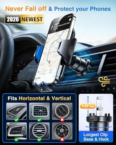 VANMASS Car Phone Holder Mount 2025 Upgraded [Patent Steel-Hook] Car Vent Phone Mount Clip Military-Grade Shockproof Cell Phone Car Mount Handsfree Truck Stand Vent Cradle for iPhone 16 Android,Blue - 3