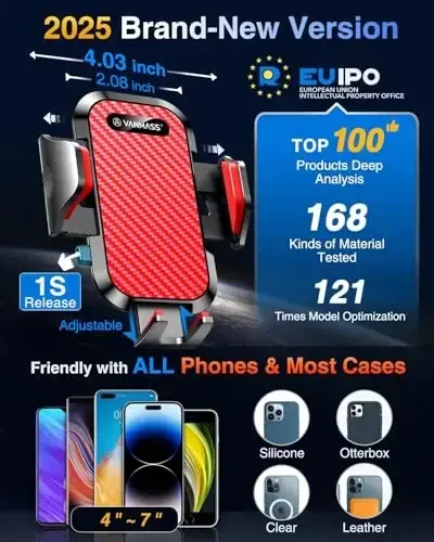 VANMASS Avtomobil telefon ushlagichi 2025 yangilandi [Patent po'lat ilgak] Avtomobil shamollatish telefon ushlagichi harbiy darajadagi zarbga chidamli mobil telefon avtomobil ushlagichi qo'lsiz yuk mashinasi stendi shamollatish iPhone 16 Android uchun tayanch, Qizil - 3