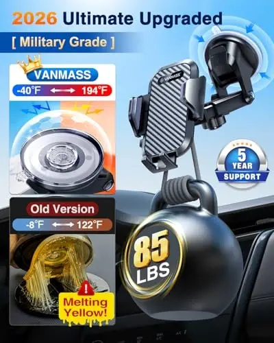 VANMASS Car Phone Holder 2026 Ultimate Military-Grade Strongest Suction & Clip Windshield Dashboard【Newest Best Strongest】 Cell Phone Automotive Dash Gauge Accents for iPhone 18 Pro Max 17 16 15 14 - 4