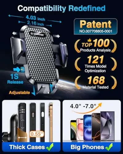 VANMASS Car Phone Holder 2026 Ultimate Military-Grade Strongest Suction & Clip Windshield Dashboard【Newest Best Strongest】 Cell Phone Automotive Dash Gauge Accents for iPhone 18 Pro Max 17 16 15 14 - 6