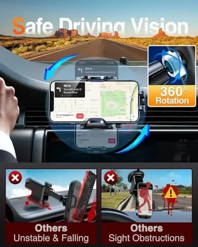 VANMASS Car Phone Holder Mount 2024 Upgraded [Patent Steel-Hook] Car Vent Phone Mount Clip Military-Grade Shockproof Cell Phone Car Mount Handsfree Truck Stand Vent Cradle for iPhone 15 Android,Black - 5