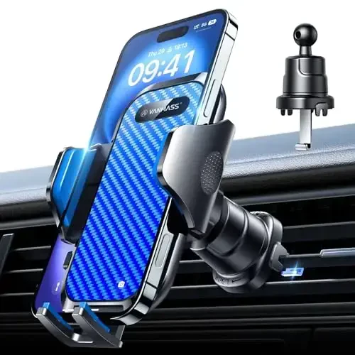 VANMASS Car Phone Holder Mount 2025 Upgraded [Patent Steel-Hook] Car Vent Phone Mount Clip Military-Grade Shockproof Cell Phone Car Mount Handsfree Truck Stand Vent Cradle for iPhone 16 Android,Blue - 1