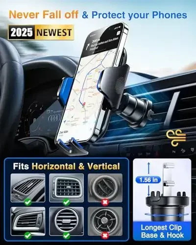 VANMASS Car Phone Holder Mount 2025 Upgraded [Patent Steel-Hook] Car Vent Phone Mount Clip Military-Grade Shockproof Cell Phone Car Mount Handsfree Truck Stand Vent Cradle for iPhone 16 Android,Blue - 4