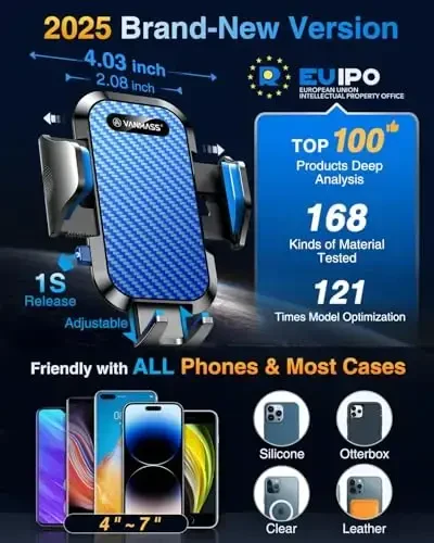 VANMASS Car Phone Holder Mount 2025 Upgraded [Patent Steel-Hook] Car Vent Phone Mount Clip Military-Grade Shockproof Cell Phone Car Mount Handsfree Truck Stand Vent Cradle for iPhone 16 Android,Blue - 5