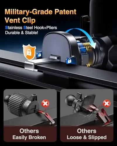 VANMASS Car Phone Holder Mount 2025 Upgraded [Patent Steel-Hook] Car Vent Phone Mount Clip Military-Grade Shockproof Cell Phone Car Mount Handsfree Truck Stand Vent Cradle for iPhone 16 Android,Blue - VANMASS