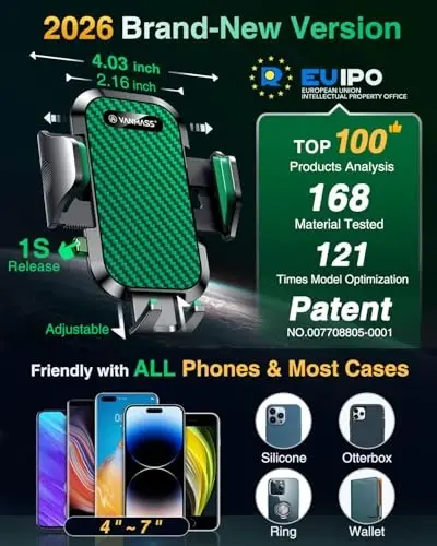 VANMASS Car Phone Holder Mount 2025 Upgraded [Patent Steel-Hook] Car Vent Phone Mount Clip Military-Grade Shockproof Cell Phone Car Mount Handsfree Truck Stand Vent Cradle for iPhone 16 Android,Green - 2
