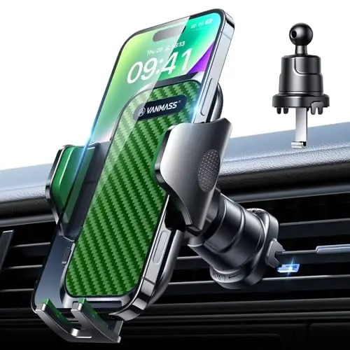 VANMASS Car Phone Holder Mount 2025 Upgraded [Patent Steel-Hook] Car Vent Phone Mount Clip Military-Grade Shockproof Cell Phone Car Mount Handsfree Truck Stand Vent Cradle for iPhone 16 Android,Green - 4