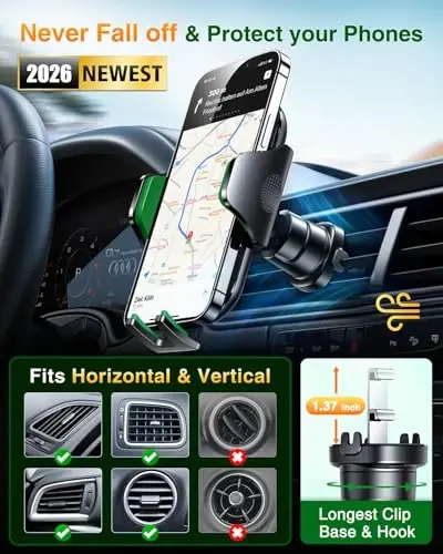 VANMASS Car Phone Holder Mount 2025 Upgraded [Patent Steel-Hook] Car Vent Phone Mount Clip Military-Grade Shockproof Cell Phone Car Mount Handsfree Truck Stand Vent Cradle for iPhone 16 Android,Green - 3