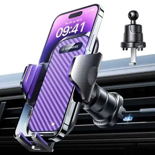 VANMASS Car Phone Holder Mount 2025 Upgraded [Patent Steel-Hook] Car Vent Phone Mount Clip Military-Grade Shockproof Cell Phone Car Mount Handsfree Truck Stand Vent Cradle for iPhone 16 Android,Purple - VANMASS