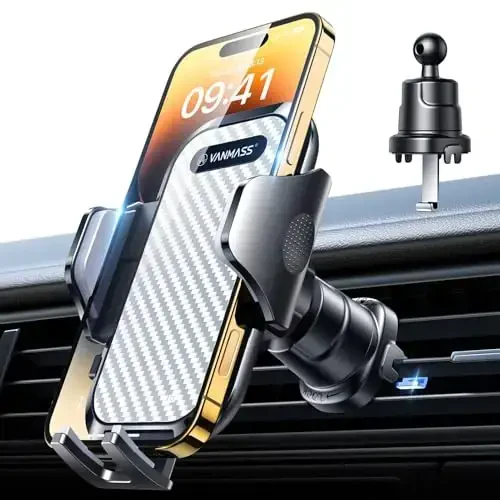 VANMASS Car Phone Holder Mount 2025 Upgraded [Patent Steel-Hook] Car Vent Phone Mount Clip Military-Grade Shockproof Cell Phone Car Mount Handsfree Truck Stand Vent Cradle for iPhone Android,Silvery - VANMASS