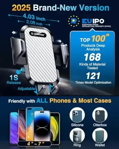 VANMASS Car Phone Holder Mount 2025 Upgraded [Patent Steel-Hook] Car Vent Phone Mount Clip Military-Grade Shockproof Cell Phone Car Mount Handsfree Truck Stand Vent Cradle for iPhone Android,Silvery - VANMASS (1)