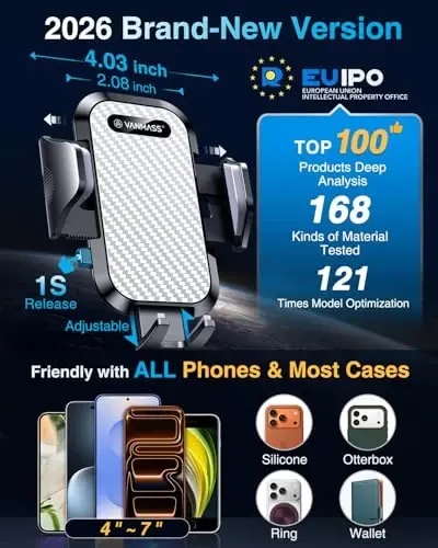 VANMASS Car Phone Holder Mount 2025 Upgraded [Patent Steel-Hook] Car Vent Phone Mount Clip Military-Grade Shockproof Cell Phone Car Mount Handsfree Truck Stand Vent Cradle for iPhone Android,Silvery - 2