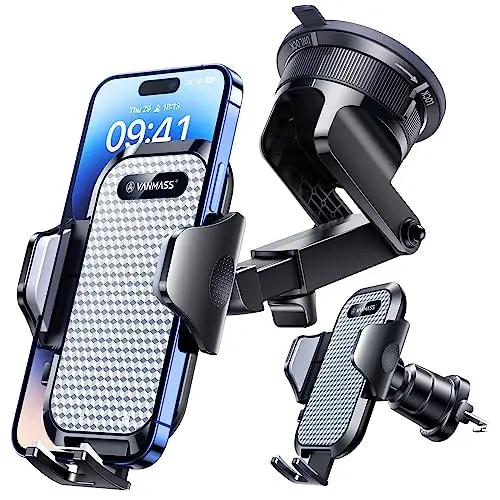 VANMASS [True Military-Grade] Car Phone Holder [Best Suction & Clip] Cell Phone Mount for Dashboard Windshield Vent Truck Cradle Dash Stand for iPhone 15 Pro Max 14 13 12 Android, White 