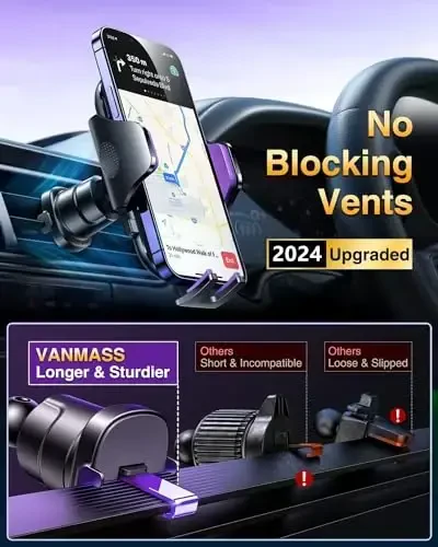 VANMASS [True Military-Grade] Car Phone Holder [Upgraded Suction & Clip] Cell Phone Mount for Dashboard Windshield Vent Truck Cradle Dash Stand for iPhone 16 Pro Max 15 14 13 12 Android, Purple - 6