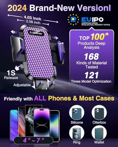 VANMASS [True Military-Grade] Car Phone Holder [Upgraded Suction & Clip] Cell Phone Mount for Dashboard Windshield Vent Truck Cradle Dash Stand for iPhone 16 Pro Max 15 14 13 12 Android, Purple - 5