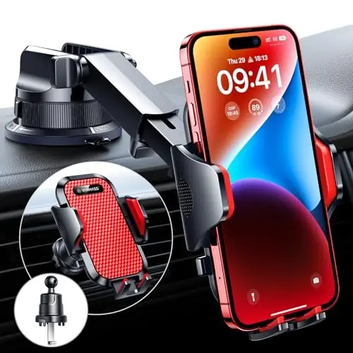 VANMASS [Haqiqiy harbiy darajadagi] Avtomobil telefon ushlagichi [Eng yaxshi so‘rg‘ich va qisqich] iPhone 15 Pro Max 14 13 12 Android uchun paneldagi oynaga o‘rnatish moslamasi, qizil - 1