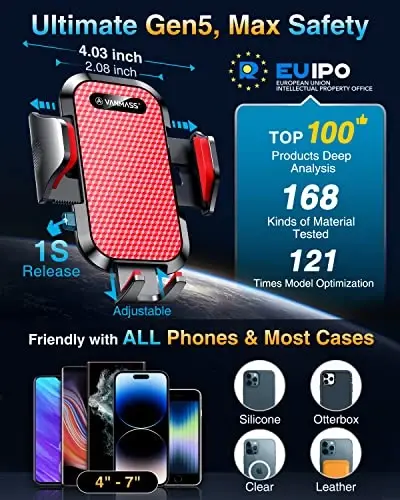 VANMASS [Haqiqiy harbiy darajadagi] Avtomobil telefon ushlagichi [Eng yaxshi so‘rg‘ich va qisqich] iPhone 15 Pro Max 14 13 12 Android uchun paneldagi oynaga o‘rnatish moslamasi, qizil - 5