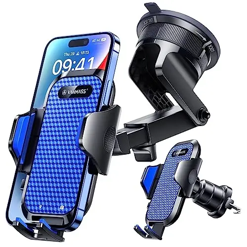 VANMASS [Haqiqiy harbiy darajadagi] Avtomobil telefon ushlagichi [Eng yaxshi so'rish va qisqich] Mobil telefon o'rnatgichi Asboblar paneli, Oyna, Ventilyatsiya, Yuk mashinasi beshigi iPhone 15 Pro Max 14 13 12 Android uchun Dash stendi, Moviy - 1