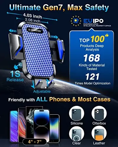 VANMASS [Haqiqiy harbiy darajadagi] Avtomobil telefon ushlagichi [Eng yaxshi so'rish va qisqich] Mobil telefon o'rnatgichi Asboblar paneli, Oyna, Ventilyatsiya, Yuk mashinasi beshigi iPhone 15 Pro Max 14 13 12 Android uchun Dash stendi, Moviy - 5