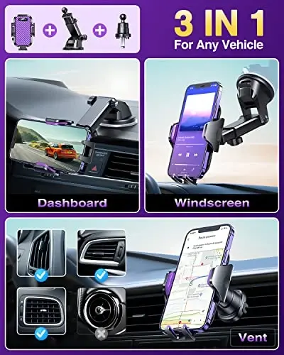 VANMASS Mashinalaringiz uchun Telefon Uskunalari 2025 Ultimate Telefon O'rnatish Harbiy Sifatli Oyna Paneli Vent 【Eng yangi Eng yaxshi Eng kuchli】 iPhone 16 Pro Max 15 Samsung Android uchun uyali telefon Mashina O'rnatish, Binafsha - 3