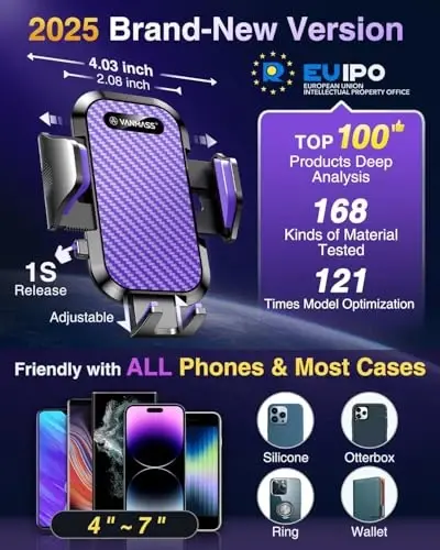 VANMASS Mashinalaringiz uchun Telefon Uskunalari 2025 Ultimate Telefon O'rnatish Harbiy Sifatli Oyna Paneli Vent 【Eng yangi Eng yaxshi Eng kuchli】 iPhone 16 Pro Max 15 Samsung Android uchun uyali telefon Mashina O'rnatish, Binafsha - 5