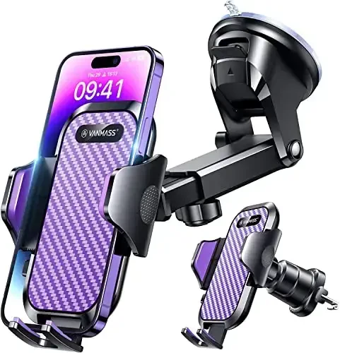 VANMASS Phone Holders for Your Car 2025 Ultimate Phone Mount Military-Grade Windshield Dashboard Vent【Newest Best Strongest】 Cell Phone Car Mount for iPhone 16 Pro Max 15 Samsung Android,Purple 