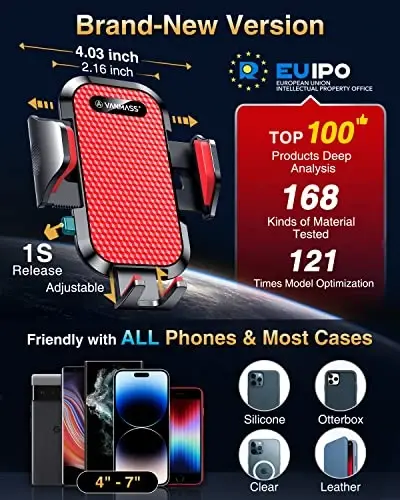 VANMASS [Pro Version] Universal Car Phone Mount [Super Suction Cup] Dashboard Phone Holder, Handsfree Windshield Dash Vent Phone Holder Car, Compatible for iPhone 16 15 14 13 Samsung LG & Truck,Red - 4