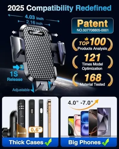 VANMASS [Pro Version] Universal Car Phone Mount [2025 Super Suction Cup] Phone Holder for Car, Cell Phone Car Mount for Windshield Dash Vent Truck Stand for iPhone 16 Pro Max 15 14 13 Samsung Android - 5