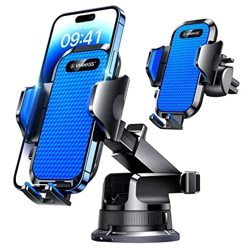 VANMASS [Pro Version] Universal Car Phone Mount [Super Suction Cup] Dashboard Phone Holder, Handsfree Windshield Dash Vent Phone Holder Car, Compatible for iPhone 16 15 14 13 Samsung LG & Truck,Blue - 1